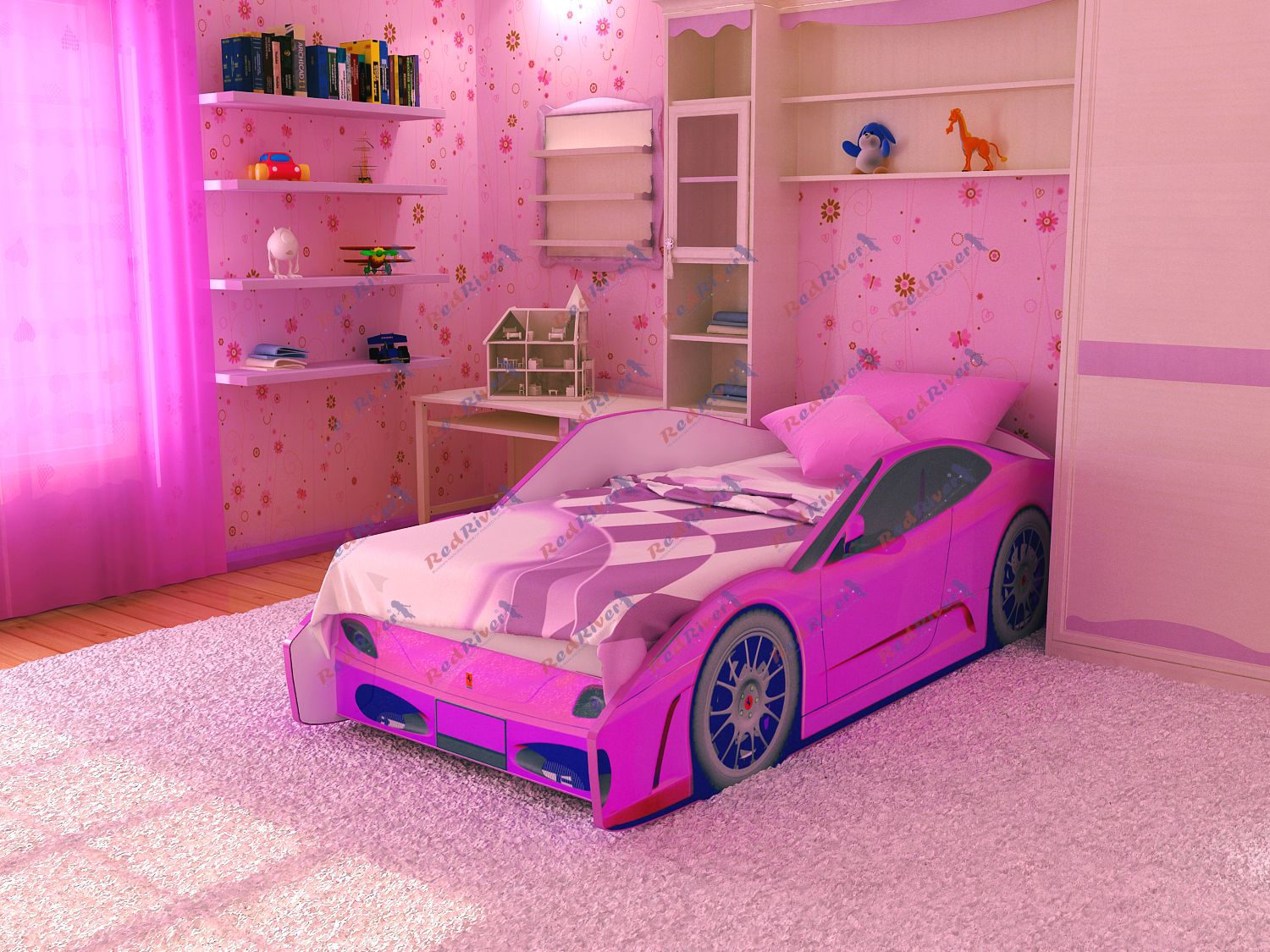 Детская спальня розовая кровать машинка